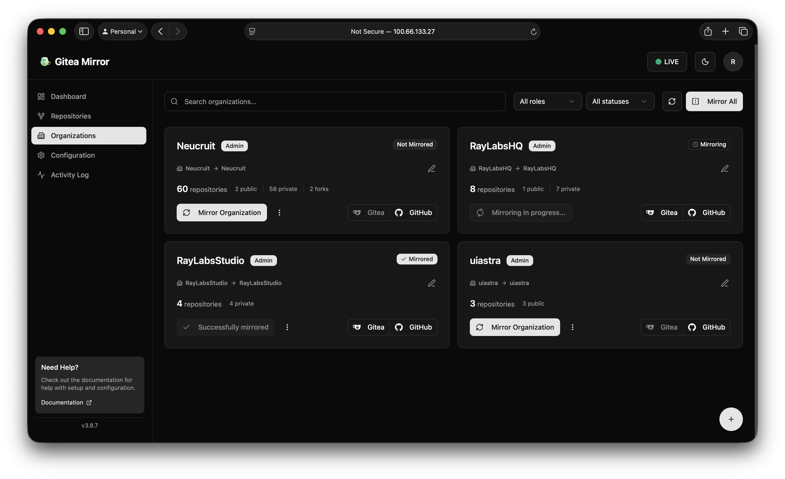 Organization view in Gitea Mirror highlighting starred GitHub repositories grouped in a dedicated Gitea org.